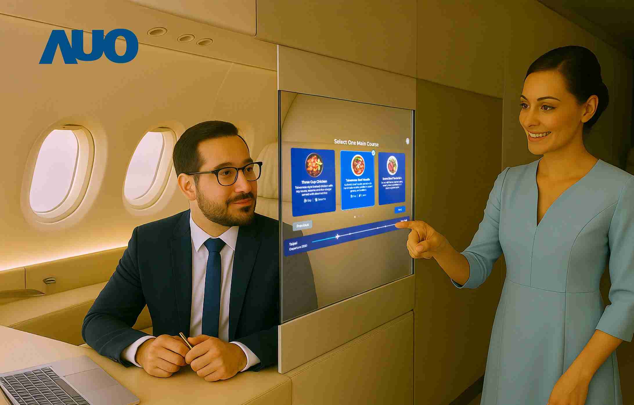 巨星国际研发全球最薄17.3 吋双面透明 Micro LED 显示器，，，，可在同一屏幕之双边投射不同信息，，，创造独特的”透明化”互动；图为实时翻译交流应用情境